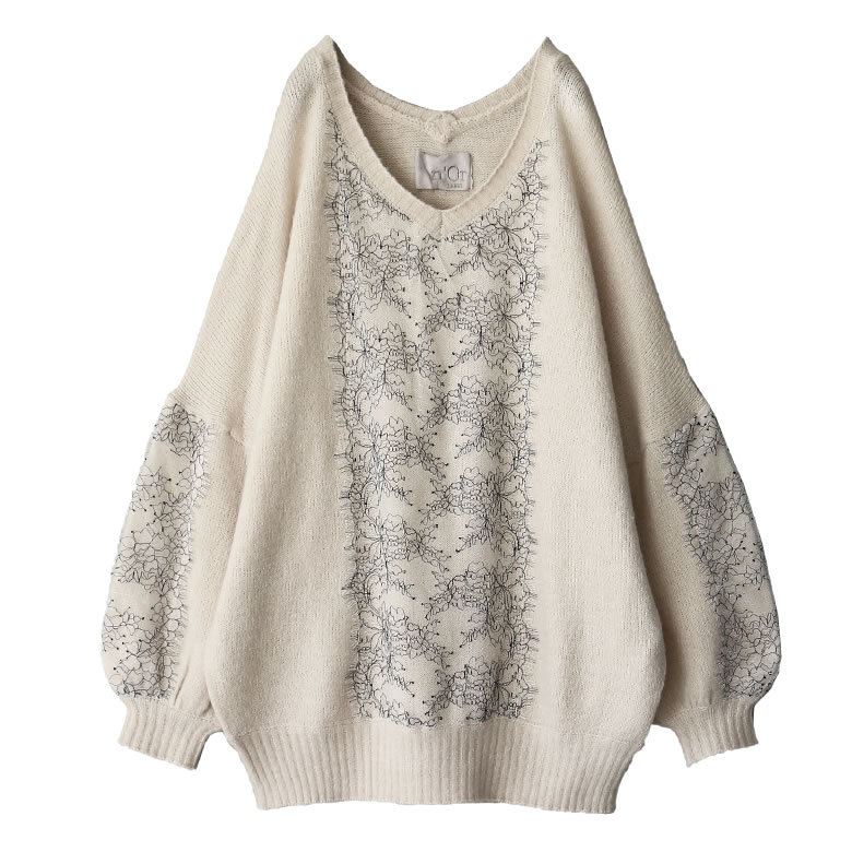 ニット レディース 秋冬 トップス モヘアタッチ Vネック 長袖 パフ袖 繊細柄レース切替vネックニット メール便不可 オシャレウォーカー 通販 Paypayモール