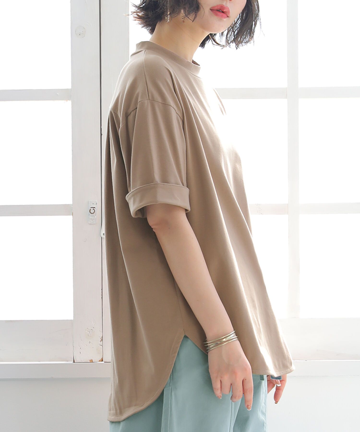 カットソー レディース トップス 半袖 ビッグシルエット『モックネック×ラウンドヘムTシャツ』※メール便可※