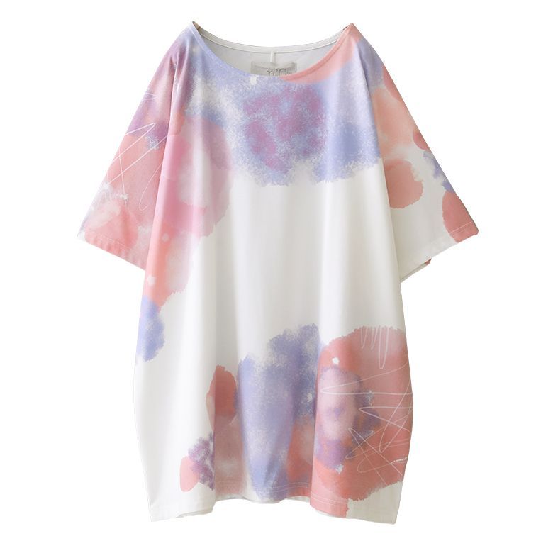 カットソー レディース トップス 半袖 クルーネック 水彩画 アシンメトリー 配色 タック 水彩プリントドルマンtシャツ メール便可 10 オシャレウォーカー 通販 Paypayモール