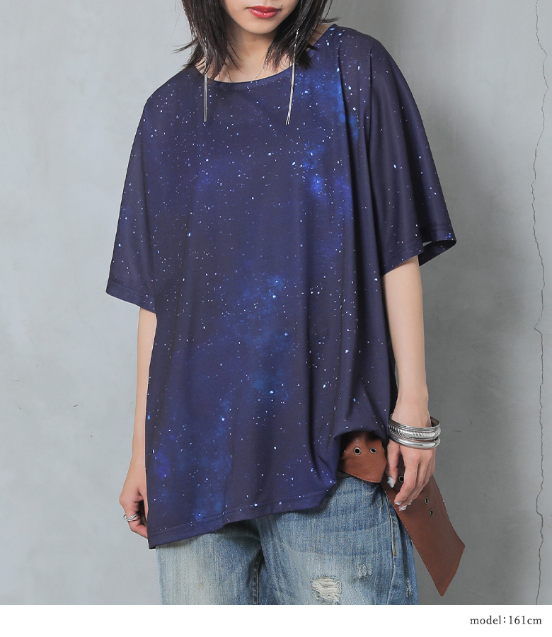 Tシャツ レディース 春夏 トップス カットソー 半袖 星柄 スター コズミック柄 宇宙柄『コスモ柄プリントTシャツ』※メール便可※【5】｜osharewalker｜07