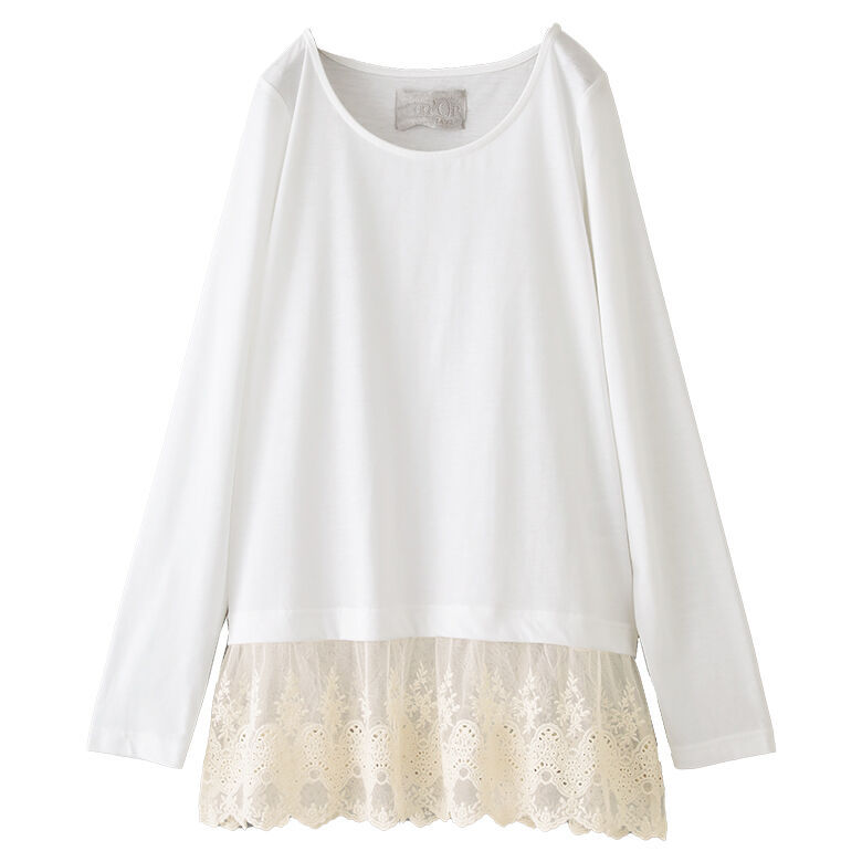 ロングtシャツ レディース トップス インナー カットソー 長袖 長め丈 チュールレース スカラップ 無地 重ね着 裾レースレイヤードロンt メール便可 10 オシャレウォーカー 通販 Paypayモール