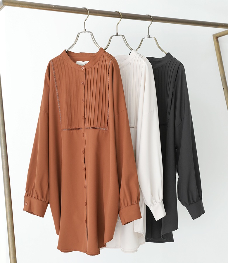 ブラウス シャツ レディース トップス ロング チュニック丈 長袖 バンドカラー パフスリーブ タック「メール便可」「10」