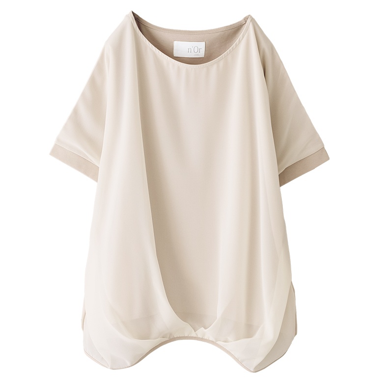 カットソー 半袖 レディース 接触冷感 Tシャツ 五分袖 配色 ドレープ シフォン生地 ひんやり 『冷感×異素材ドルマンドレープトップス』※メール便可※