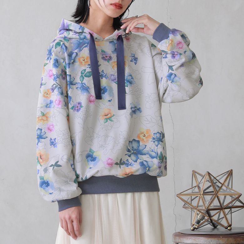 パーカー レディース トップス フーディー プルオーバー 長袖 フード付き スウェット 裏毛 花柄 総柄 配色 サテンテープ 華やか「メール便不可」「20」 | somari imagination | 03