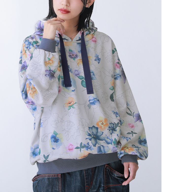 パーカー レディース トップス フーディー プルオーバー 長袖 フード付き スウェット 裏毛 花柄 総柄 配色 サテンテープ 華やか「メール便不可」「20」 | somari imagination | 07