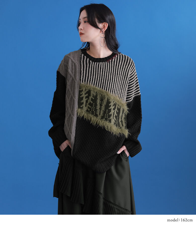 UNISEXケーブル編みポイントスクエア刺繍ロゴビッグシルエットニット