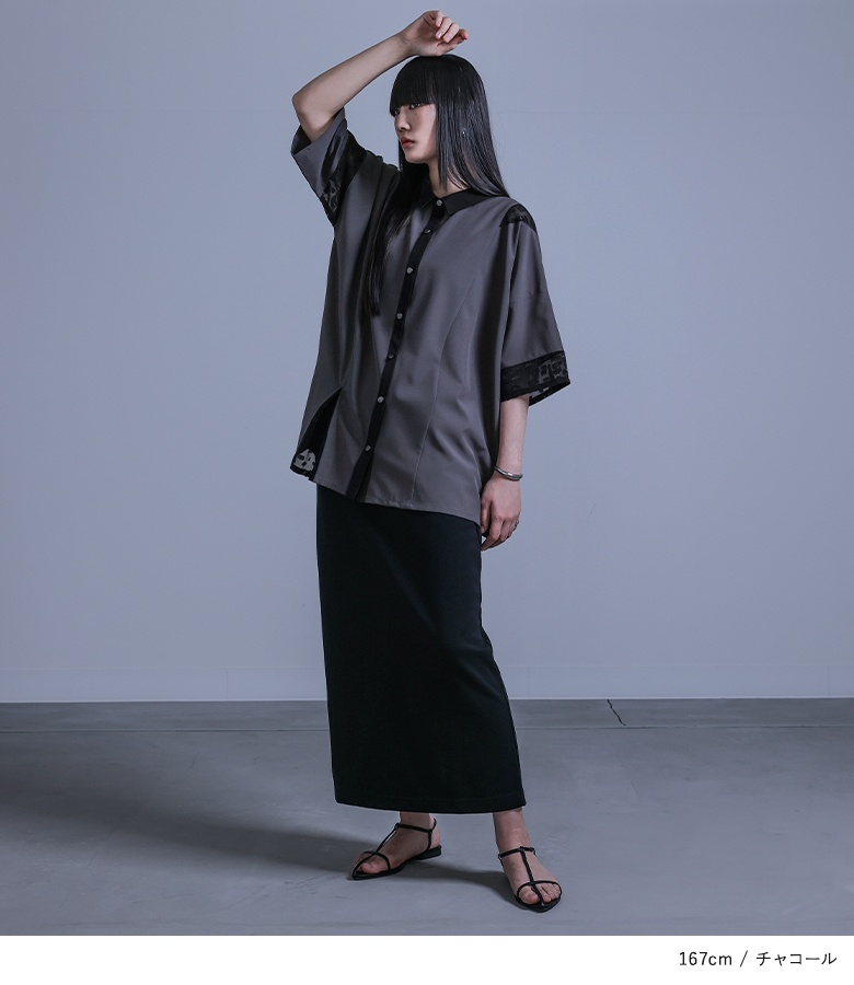 シャツ トップス レディース 半袖 シアー 透け感 アシメ アシンメトリー ドロップショルダー ゆったり 異素材 配色 切り替え ジャカード「メール便可」「5」 osharewalker シャツ トップス レディース 半袖 シアー 透け感