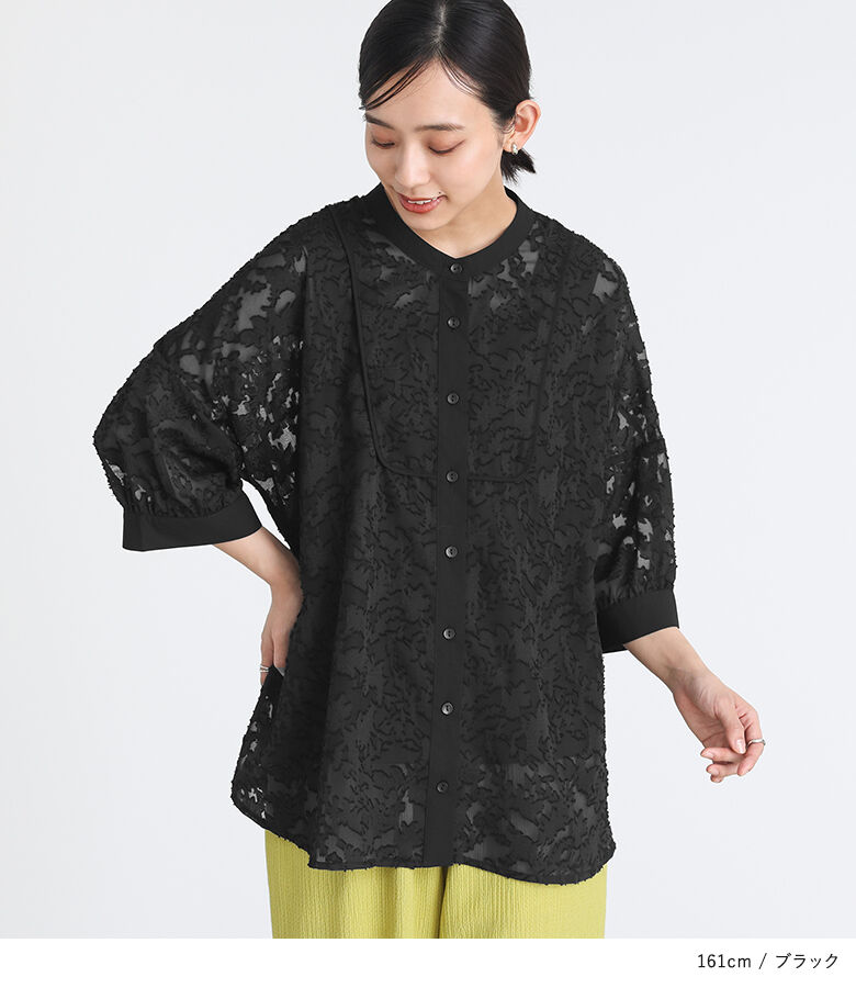 シャツ/ブラウス(長袖/七分) MEER. / FLOWER LACE TOPS (black) フレア袖レースブラウス 七分袖 レディース(M ブラック): 東京シャツ