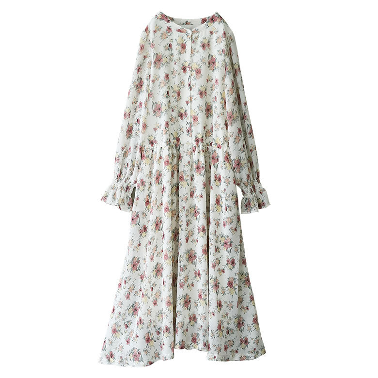 n'OrLABEL ロング ワンピース 長袖 花柄 きれいめ シフォン
