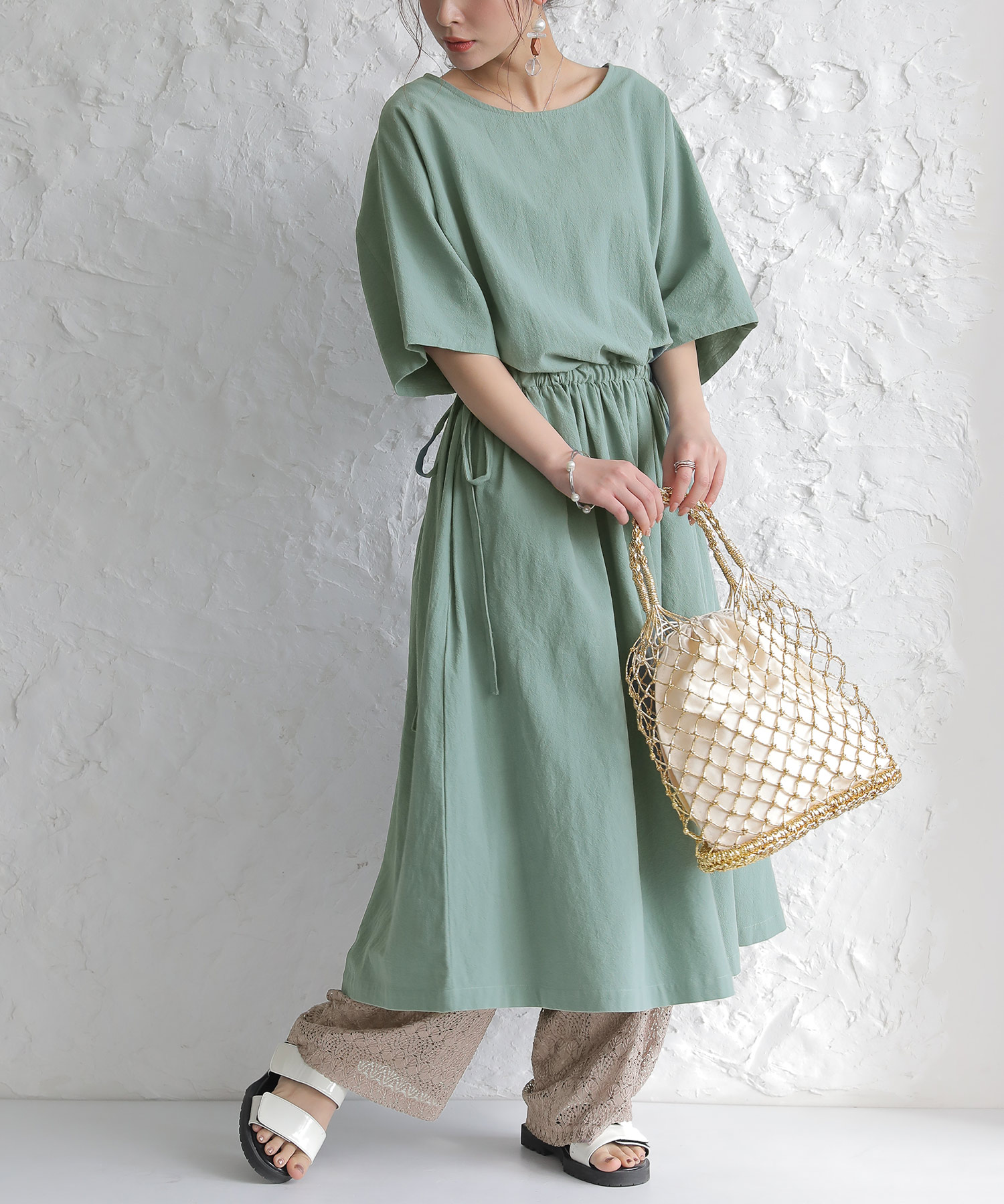 n'OrLABEL ロング ワンピース 春夏 レディース 半袖 五分袖 綿