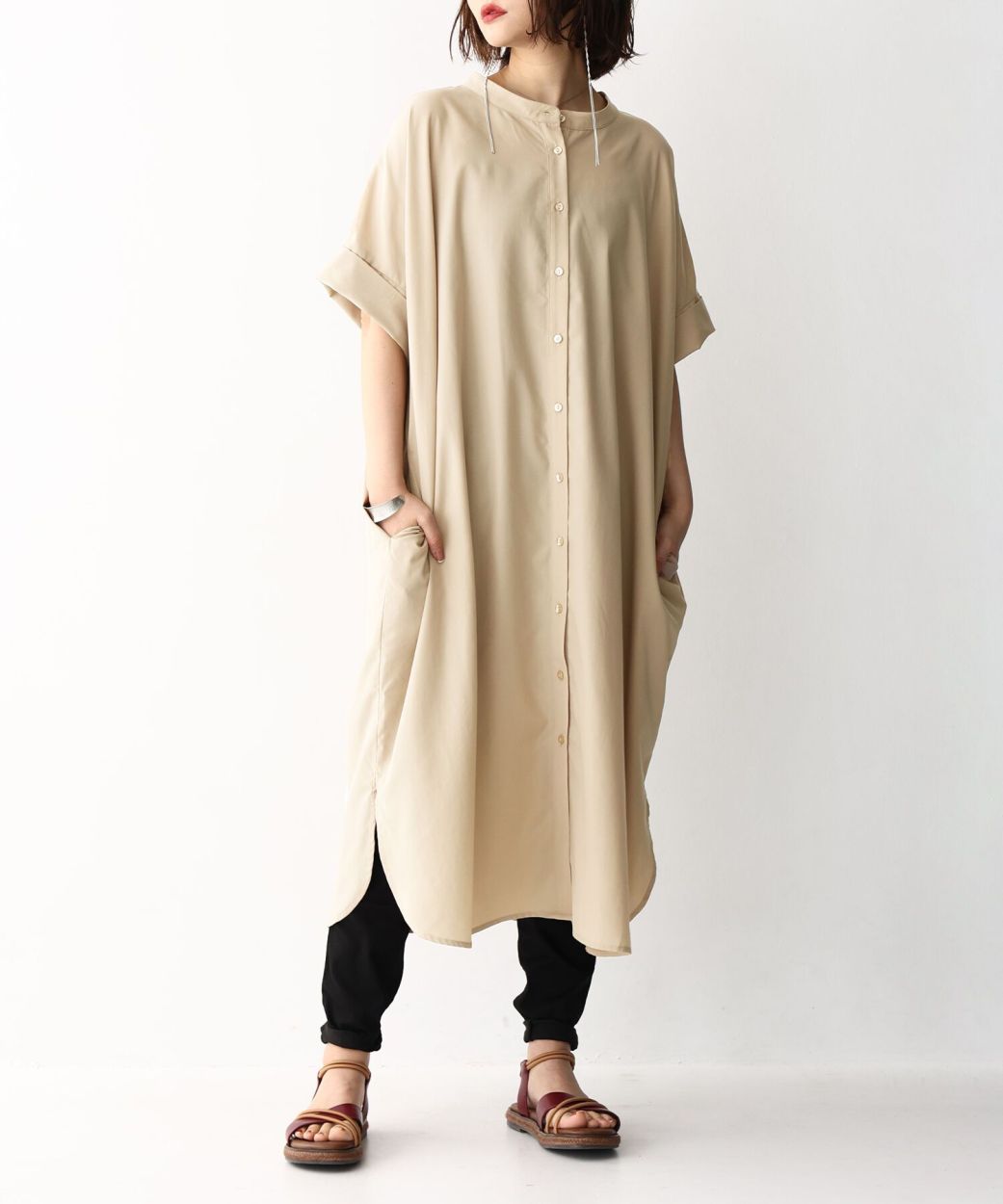 ロング ワンピース 春夏 レディース シャツワンピ 羽織 半袖 10 バンドカラー半袖シャツワンピース メール便可 有名な レイヤード 重ね着 五分袖 ミモレ丈