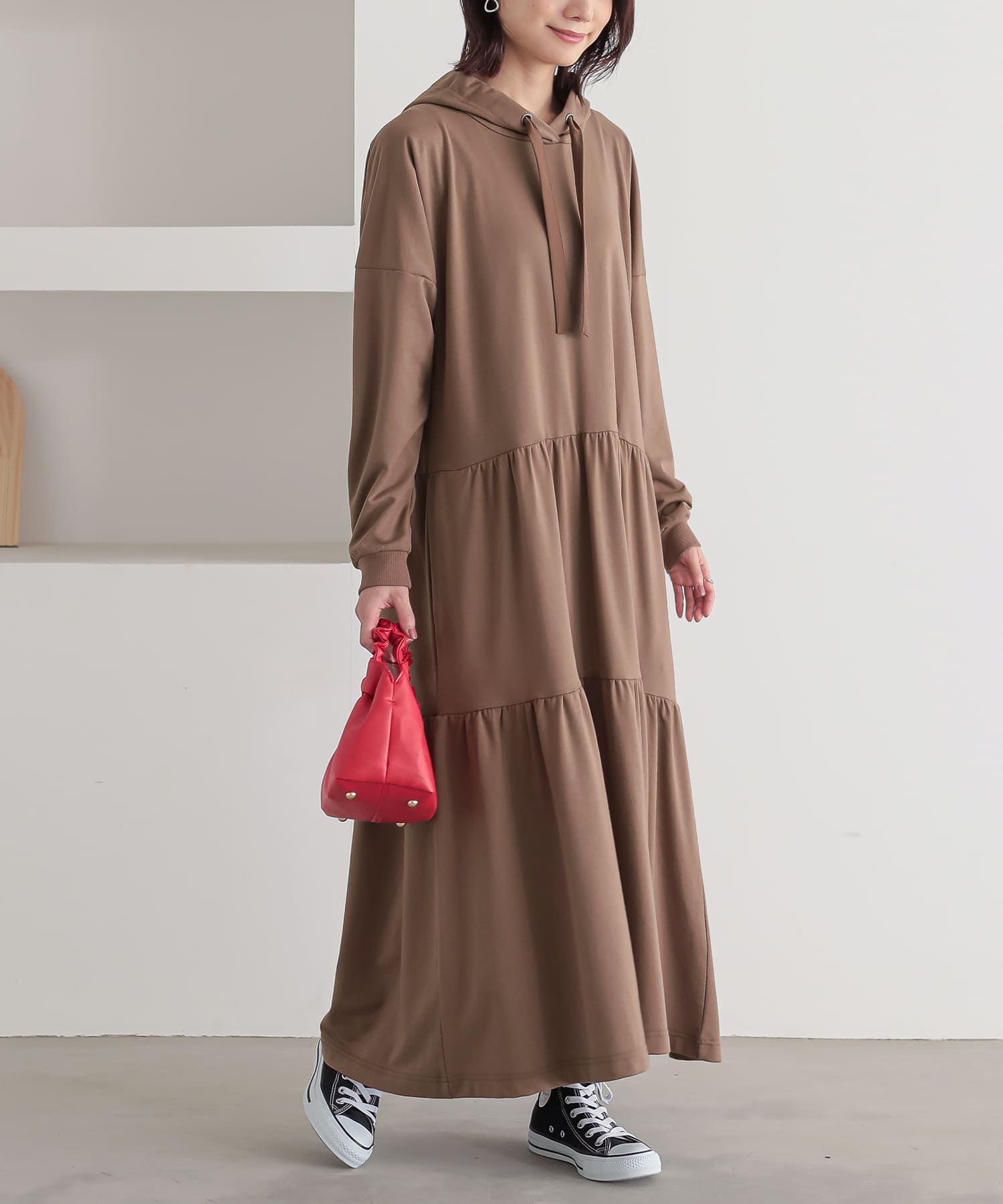EVERYDAY I LIKE. スウェットワンピース　ロング丈　フード　茶色 ロングワンピース スウェット ゆったりフード付きロングワンピース