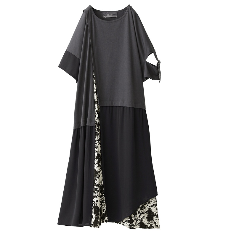 ロング レディース 春夏 半袖 カットワンピース カットワンピ 配色 無地 総柄 透け感『異素材切替アシメデザインワンピース』【メール便不可】 | kOhAKU | 01