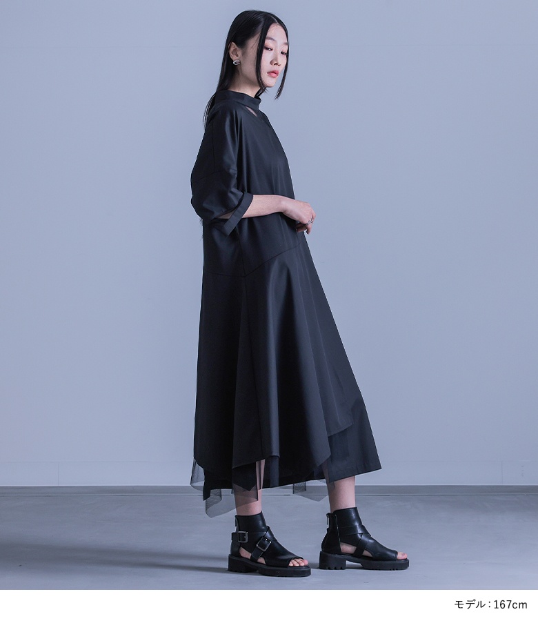 osharewalker ワンピース レディース ロング丈 スタンドネック 五分袖