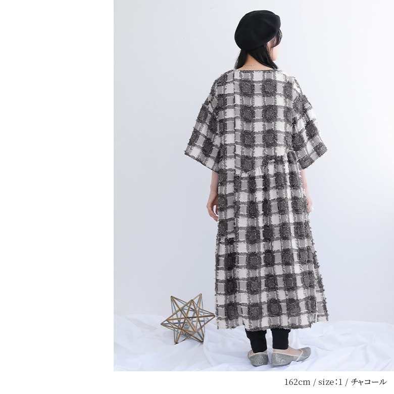 kowtow:Yoshiドレス チェック柄フレアスリーブロングワンピース osharewalker（オシャレウォーカー） ワンピース レディース ロング丈