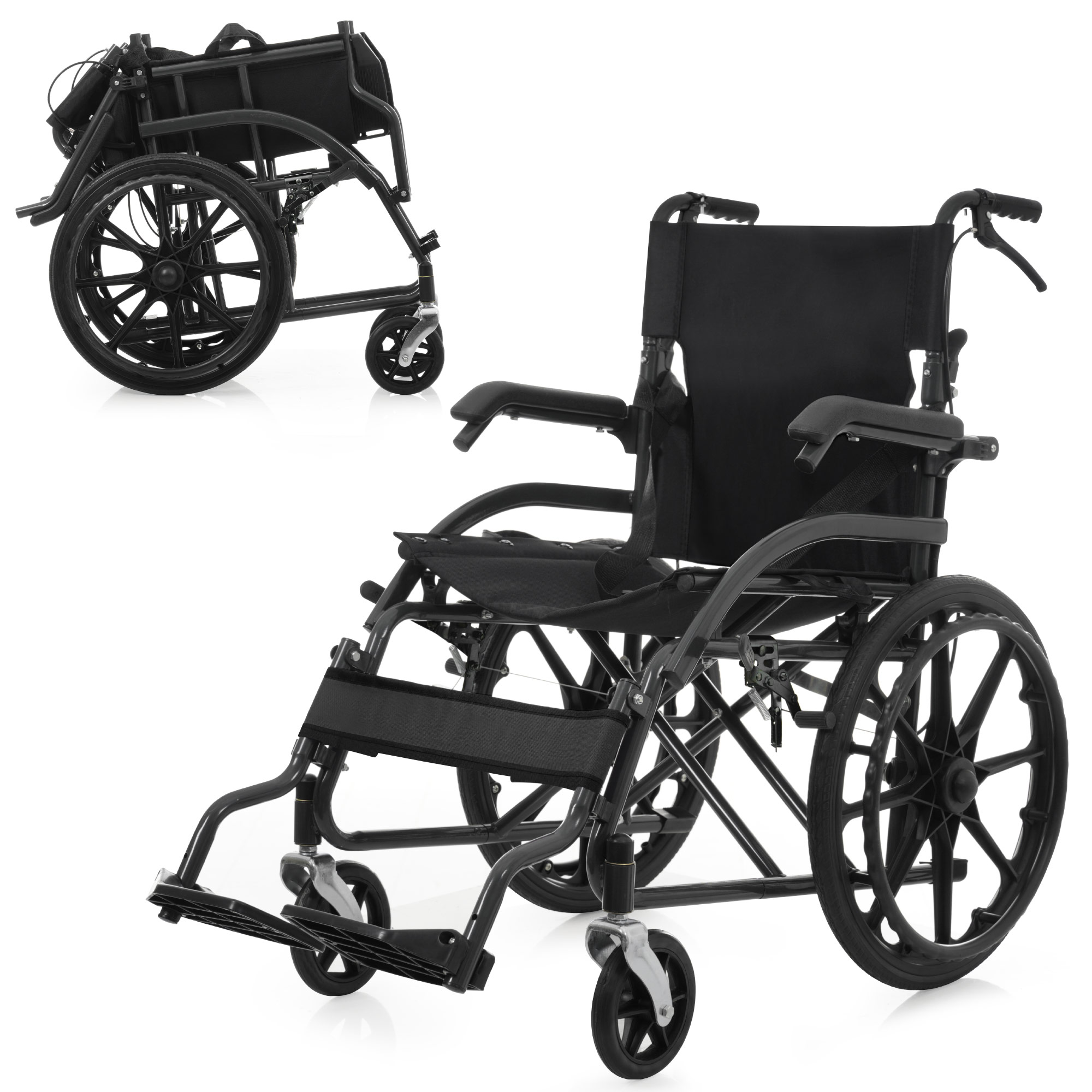 KAWAMURA折りたたみ式介助用車椅子 黒 レビュー特典付】折りたたみ車椅子 自走式 介助兼用 自立型 軽量