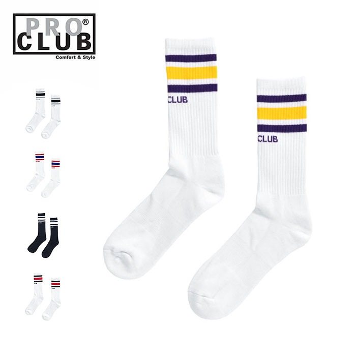 PRO CLUB (プロクラブ) Classic Stripe Crew Socks 靴下 ラインソックス メンズ ブランド 厚手 丈夫 綿 ストリート おしゃれ 白 黒 | PRO CLUB