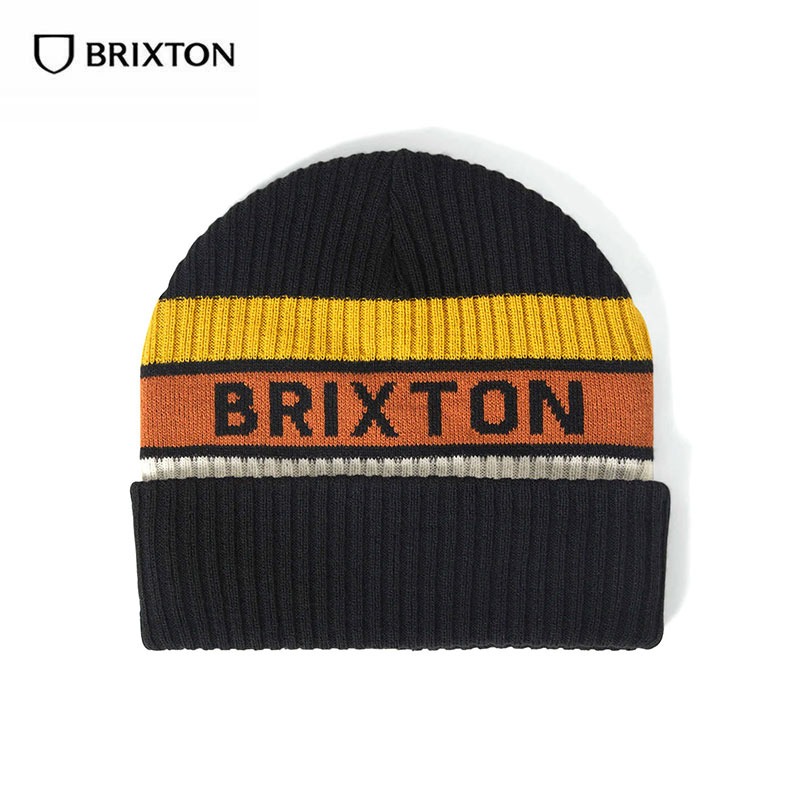 BRIXTON ブリクストン RAINIER STRIPED BEANIE ビーニー ストリート スケートボード ニット帽 ブランド 帽子 メンズ 冬 黒 ブラック 黄色 オレンジ 男性 | BRIXTON