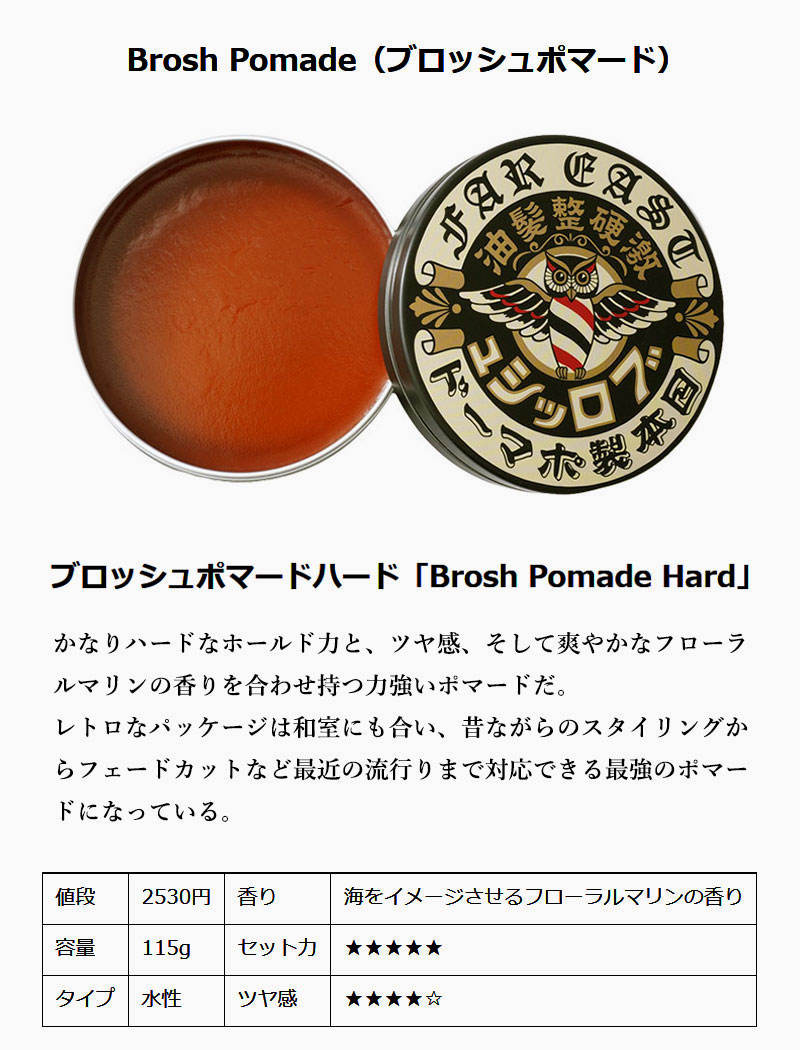 ブロッシュ ポマード 水性 ハード グリース 整髪料 スタイリング剤 メンズ ギフト BROSH HARD POMADE 115g