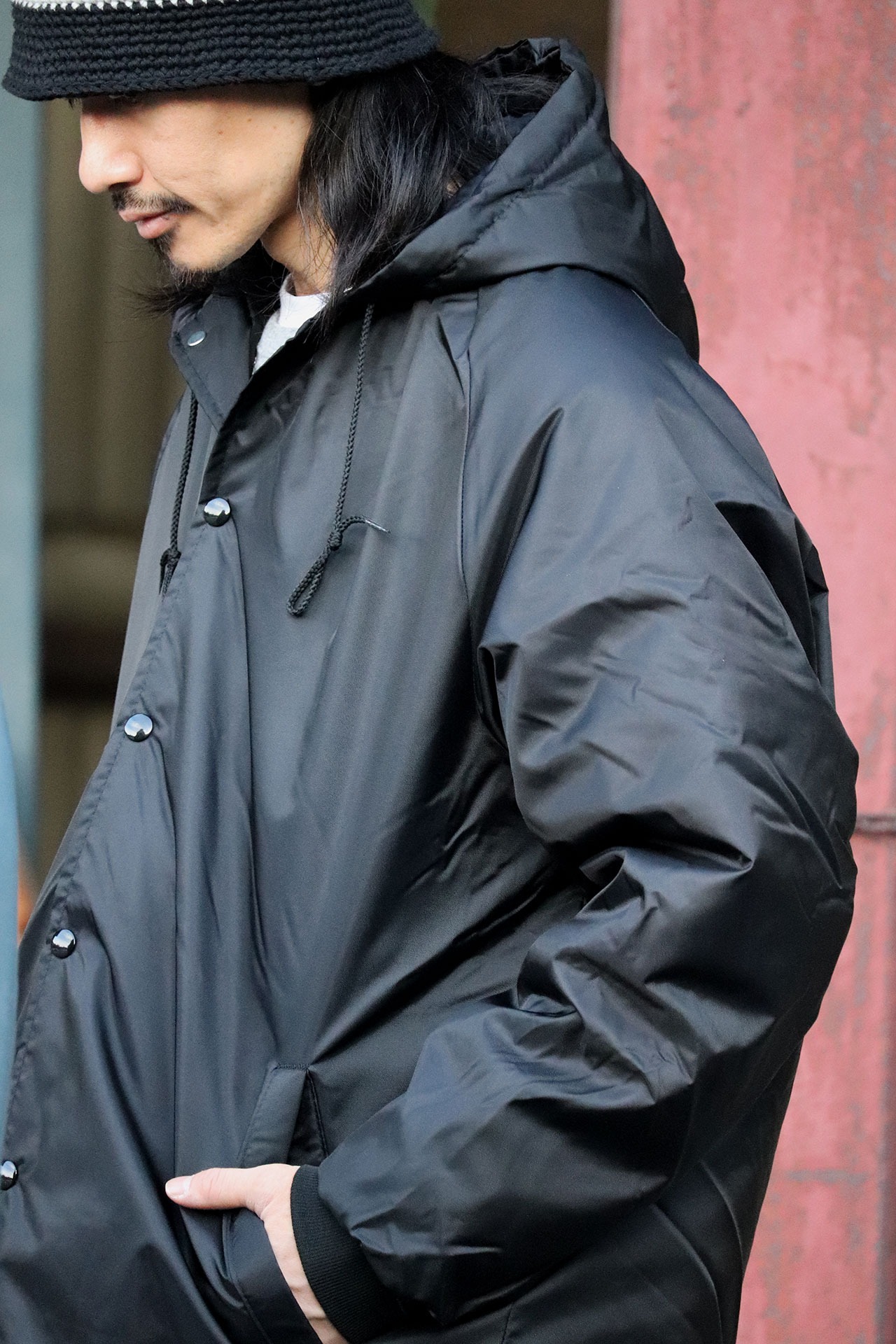 極美品 USA製 ASW オールブラック 中綿ナイロンジャケット 黒 XL ASW (アメリカンスピリットウェア) COACHES HOODEDE WINDBREAKER