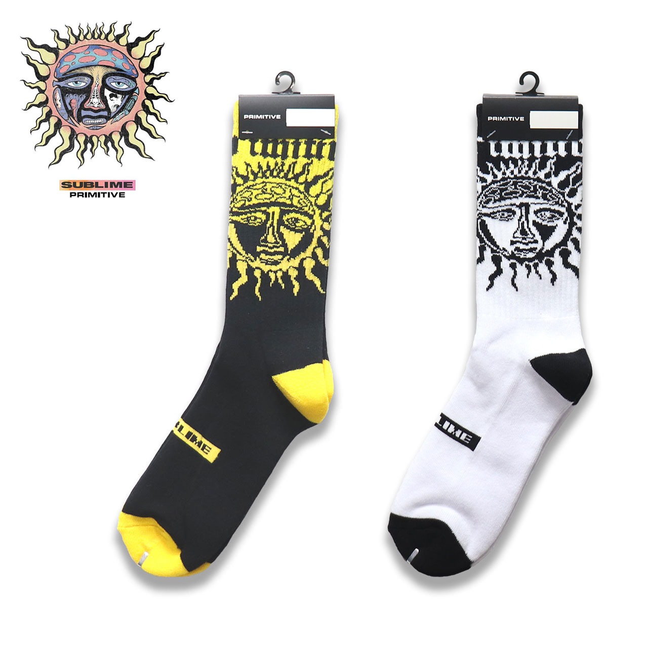 PRIMITIVE × SUBLIME ARISE SOCK primitive skate プリミティブ 靴下 ソックス メンズ 黒 イエロー 柄 派手 スケボー ブランド 綿 スケートボード サブライム | PRIMITIVE