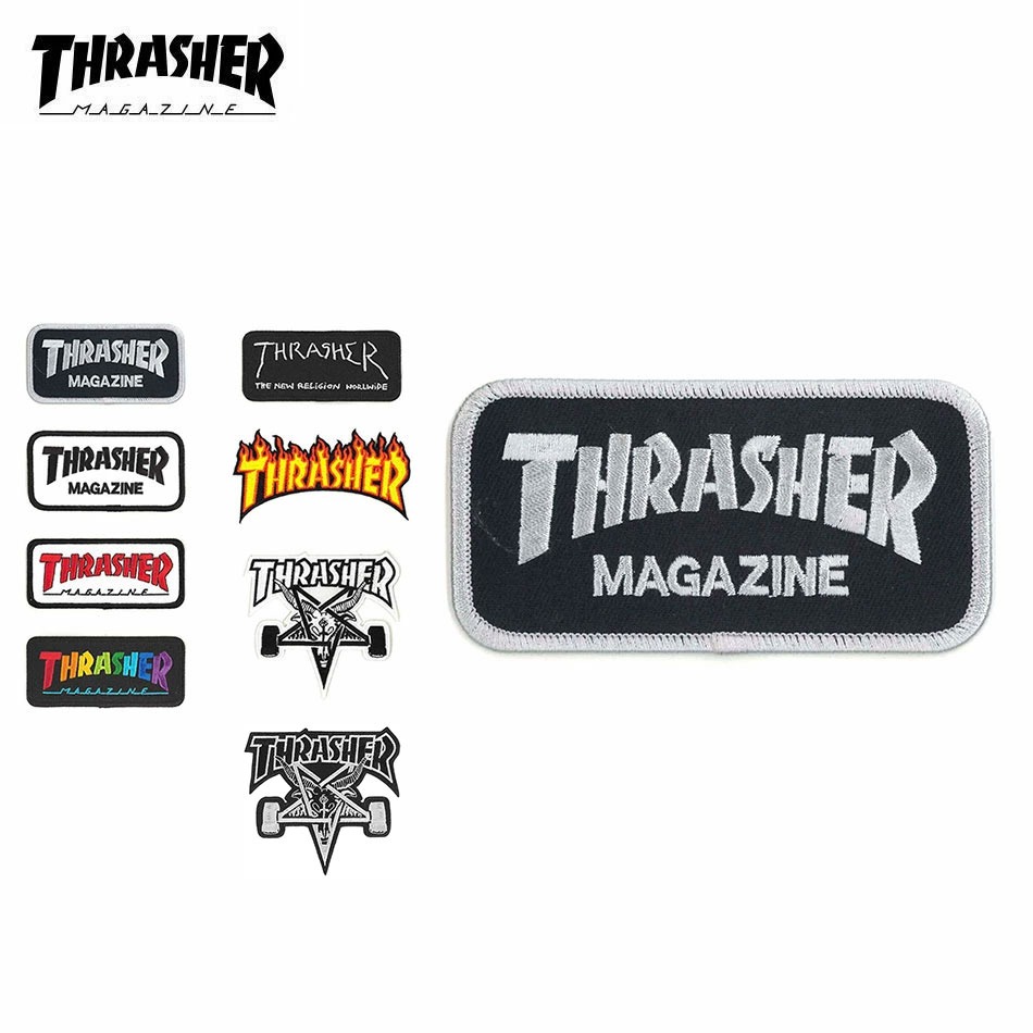 THRASHER スラッシャー Patch アイロン パッチ ワッペン ブランド ロゴ スケボー ストリート 刺繍 海外 黒 グレー 長方形 横長 帽子 に つける 洋服 10cm | THRASHER