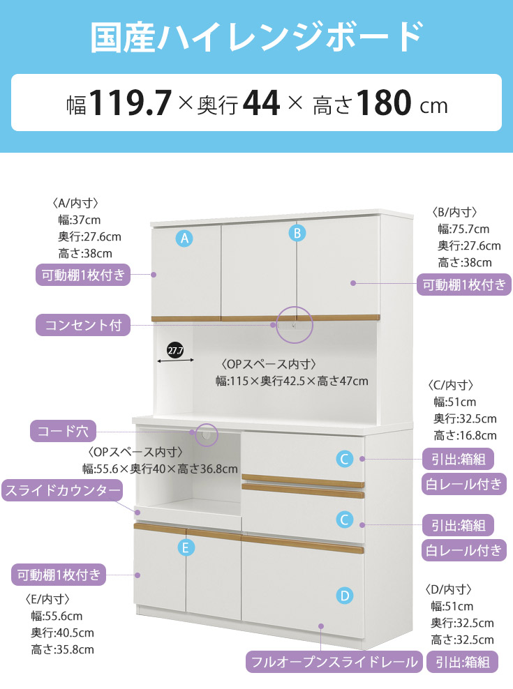 サイズ（幅119.7cm×奥行き44cm×高さ180cm）