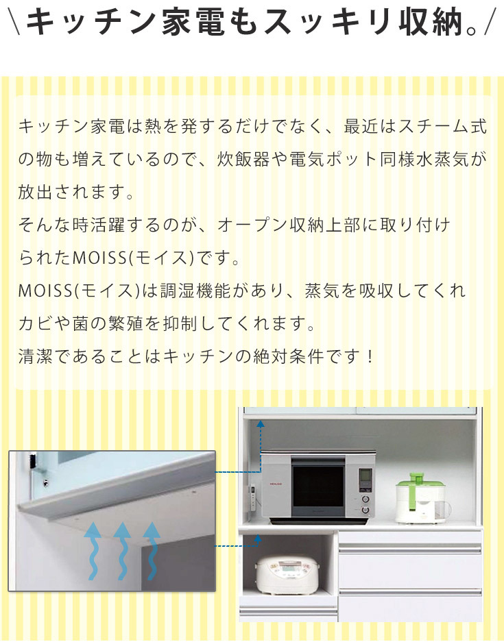 オープン収納部には、調湿機能がある、蒸気を吸収してくれカビや菌の繁殖を抑制してくれるMOISS（モイス）付き。