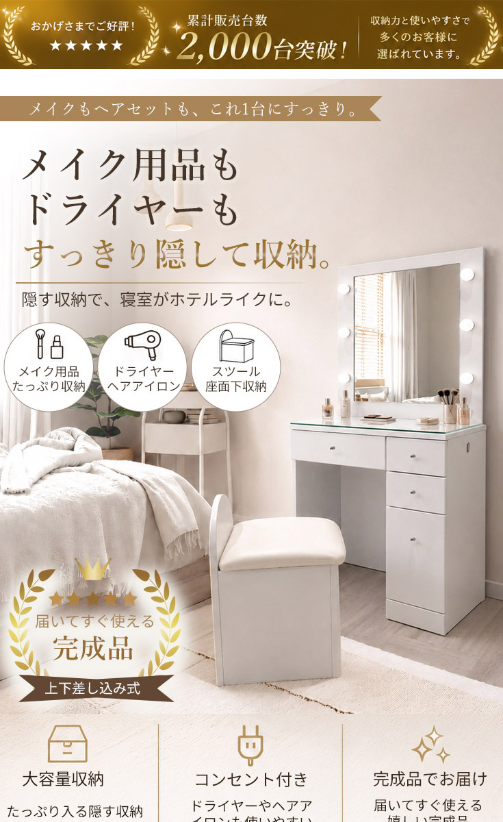 ドレッサー LEDライト付き コンセント付き 一面鏡 グロス 幅60cm 化粧