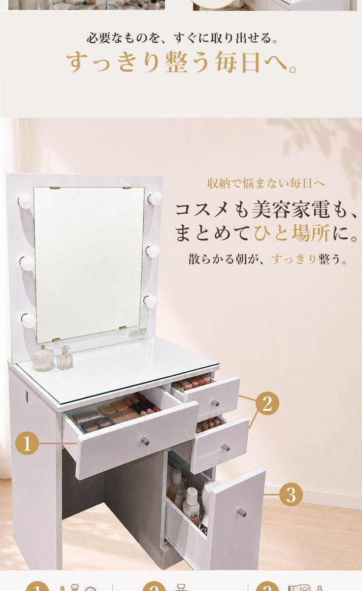 ドレッサー LEDライト付き コンセント付き 一面鏡 グロス 幅60cm 化粧