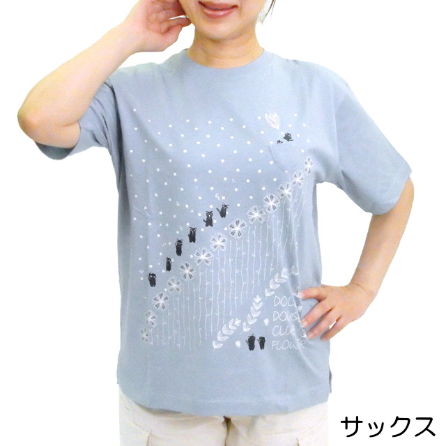 Tシャツ 半袖 猫柄 花 フラワー M〜L フリーサイズ ゆったり セミロング 丸首 人気 綿 コッ...