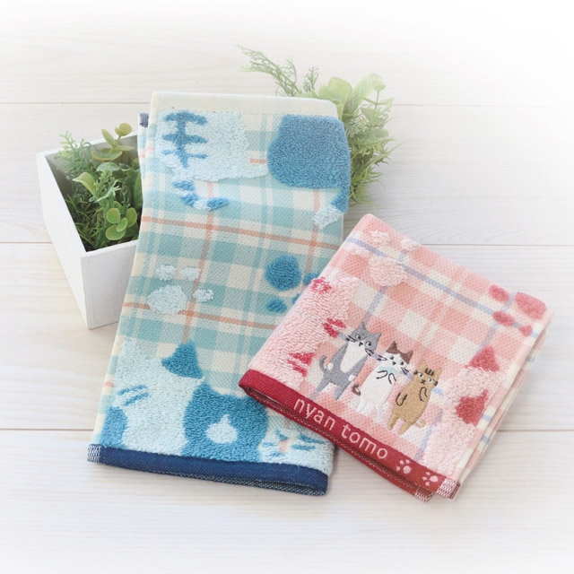 ハンド タオル タオルハンカチ 猫 チェック 刺繍 かわいい レディース
