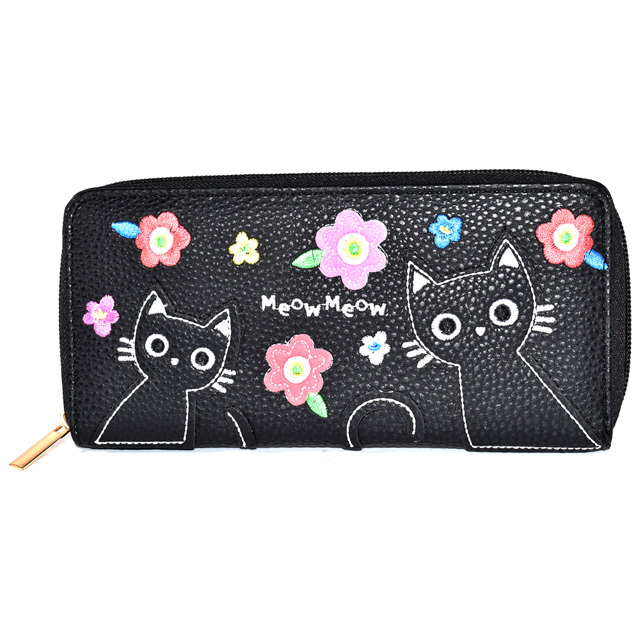 財布 猫 長財布 猫柄 レディース ラウンドファスナー ネコ柄 パッチ