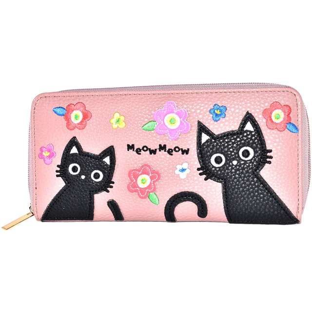 蝶模様の布製長財布と猫柄小銭入れ 財布 猫 長財布 猫柄 レディース ラウンドファスナー ネコ柄 パッチ