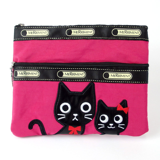 ポーチ 猫 パッチワーク 化粧ポーチ カジュアル 猫柄 ダブルジップ
