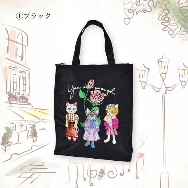 トートバッグ タテ型 A4 猫柄 刺しゅう 軽量 肩掛け マチあり