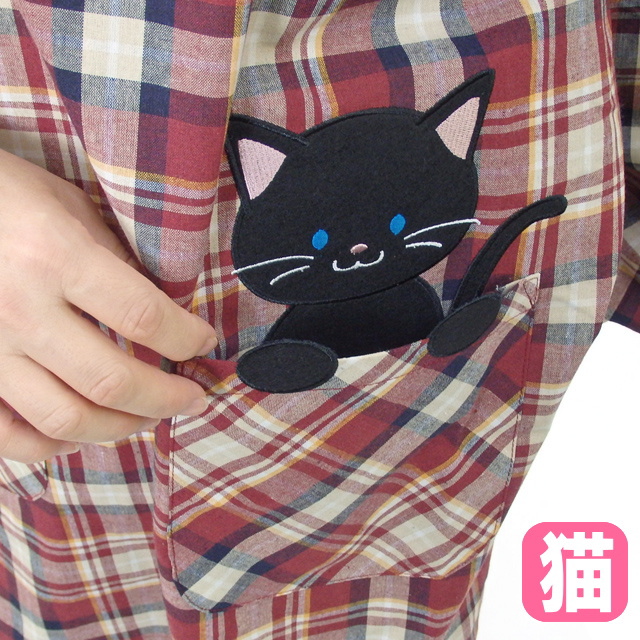 かっぽうぎ 割烹着 猫 チェック 保育士 介護士 猫柄 チュニック