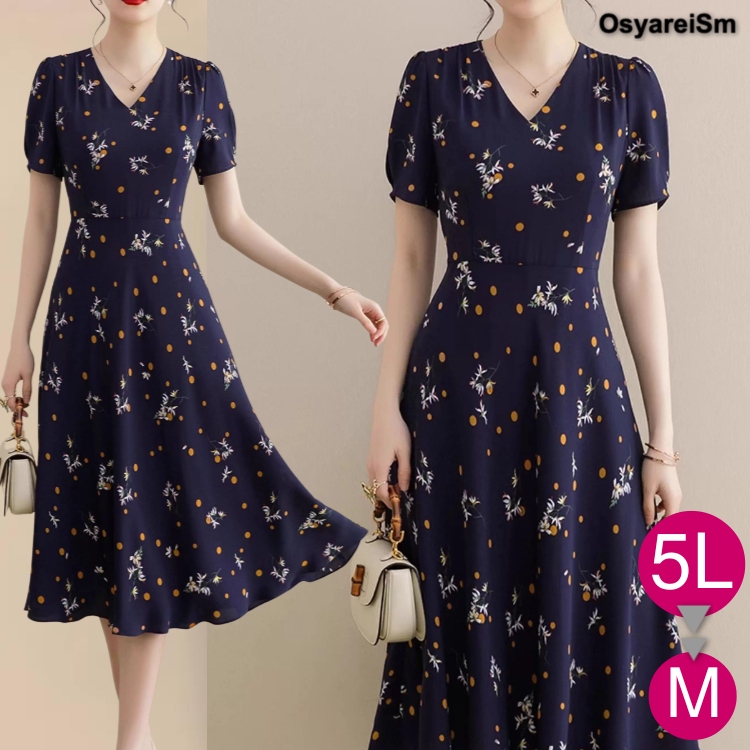 ネイビー花柄フォーマルドレス ワンピース 袖あり 40代 夏 半袖 ネイビー 花柄 ドット フォーマル