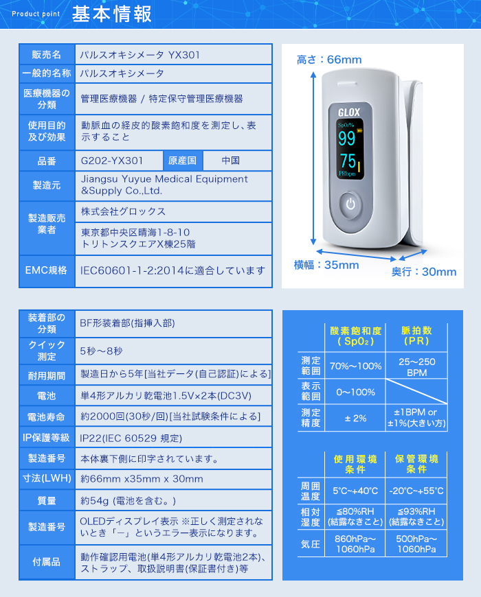 医療機器認証 パルスオキシメータ YX301 yuwell