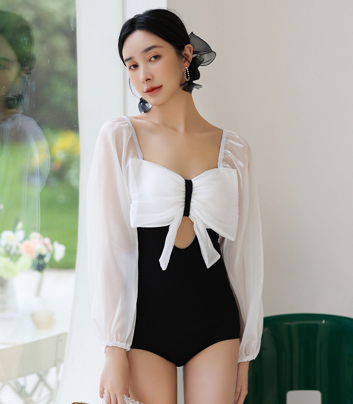 美しい レディース ワンピース 白 肌見せ 体型カバー 水着 韓国風 リボン