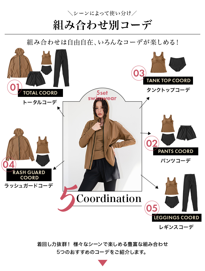 水着 レディース 体型カバー ラッシュガード タンキニ 5点セット