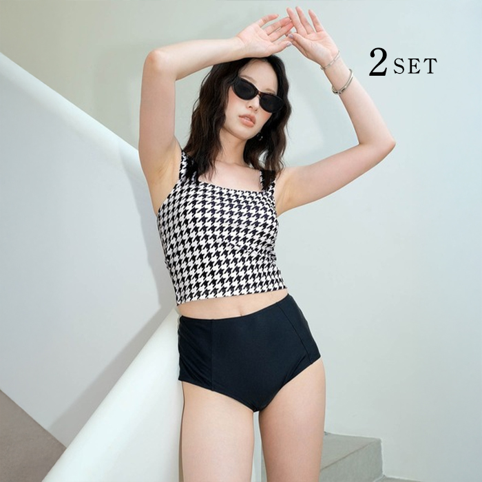 モノクロ スリット タンキニ ビキニ タンキニ 水着 レディース 体型カバー水着 セパレート 2点セット
