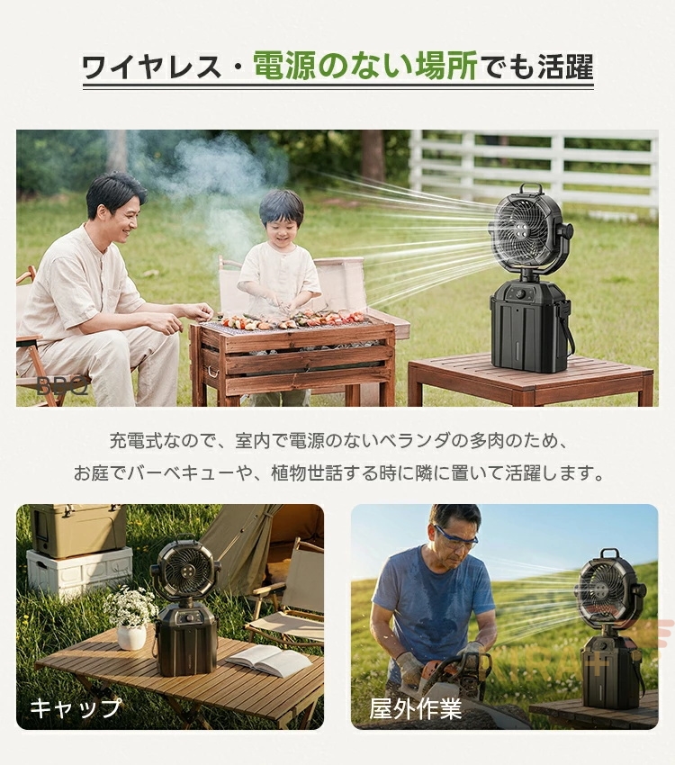 扇風機 アウトドア キャンプ 30000mAh大容量 ミストファン コードレス