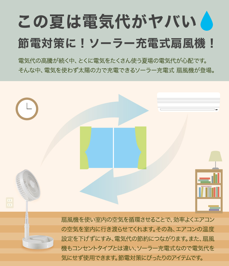扇風機 ソーラー 充電式 DCモーター コードレス コンパクト 軽量
