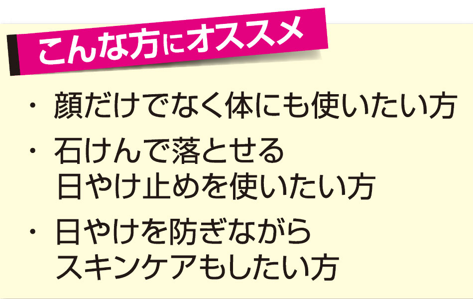 顔だけでなく身体にも使いたい方、石鹸で落とせる日やけ止めを使いたい方、日やけを防ぎながらスキンケアもしたい方におすすめ