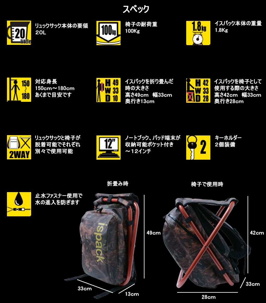 バックパック メンズ イスパック ispack WP Adventure  アドベンチャー カモフラージュ 迷彩 ２０L 座れる リュック 防水 折り畳み椅子 リュックサック アウトドア チェアー 男 旦那 彼氏 誕生日 クリスマス プレゼント 釣り 登山 キャンプ スキー スノーボード