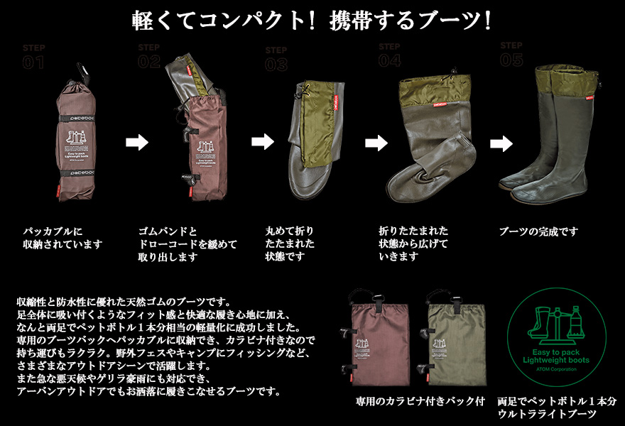日本野鳥の会 バードウォッチング長靴 製造 メーカー ATOM アトム ポケブー 長靴 レインブーツ メンズ ロング コンパクト 携帯 軽量 Pokeboo キャンプ アウトドア 釣り フェス 収納袋付 雪 雨 雪遊び 防水 作業 おすすめ おしゃれ