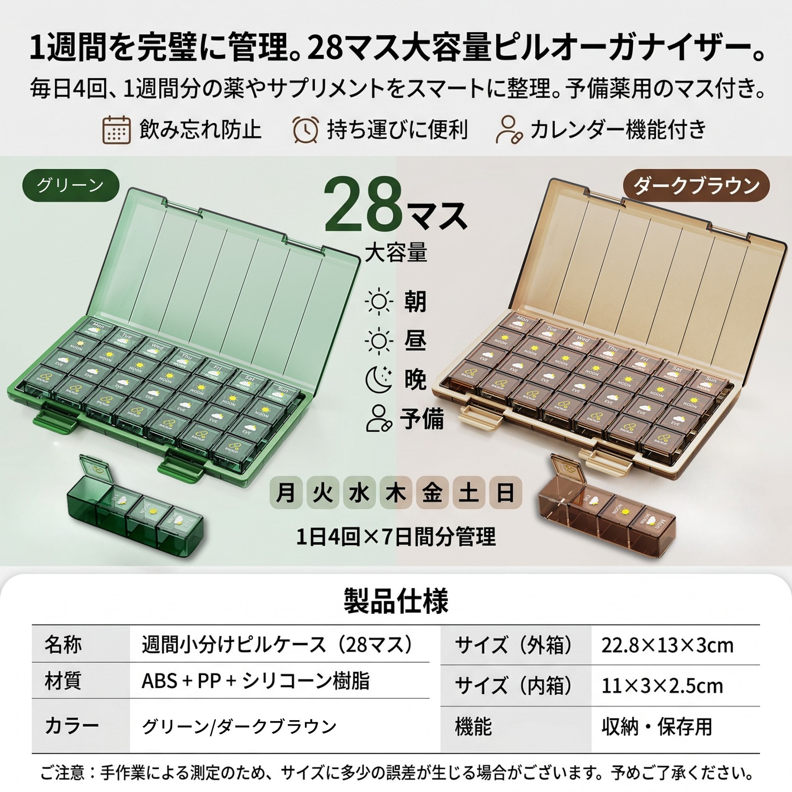 28ポケットのメガピルケース 1週間分管理 大容量 曜日別 脱着式 朝昼晩