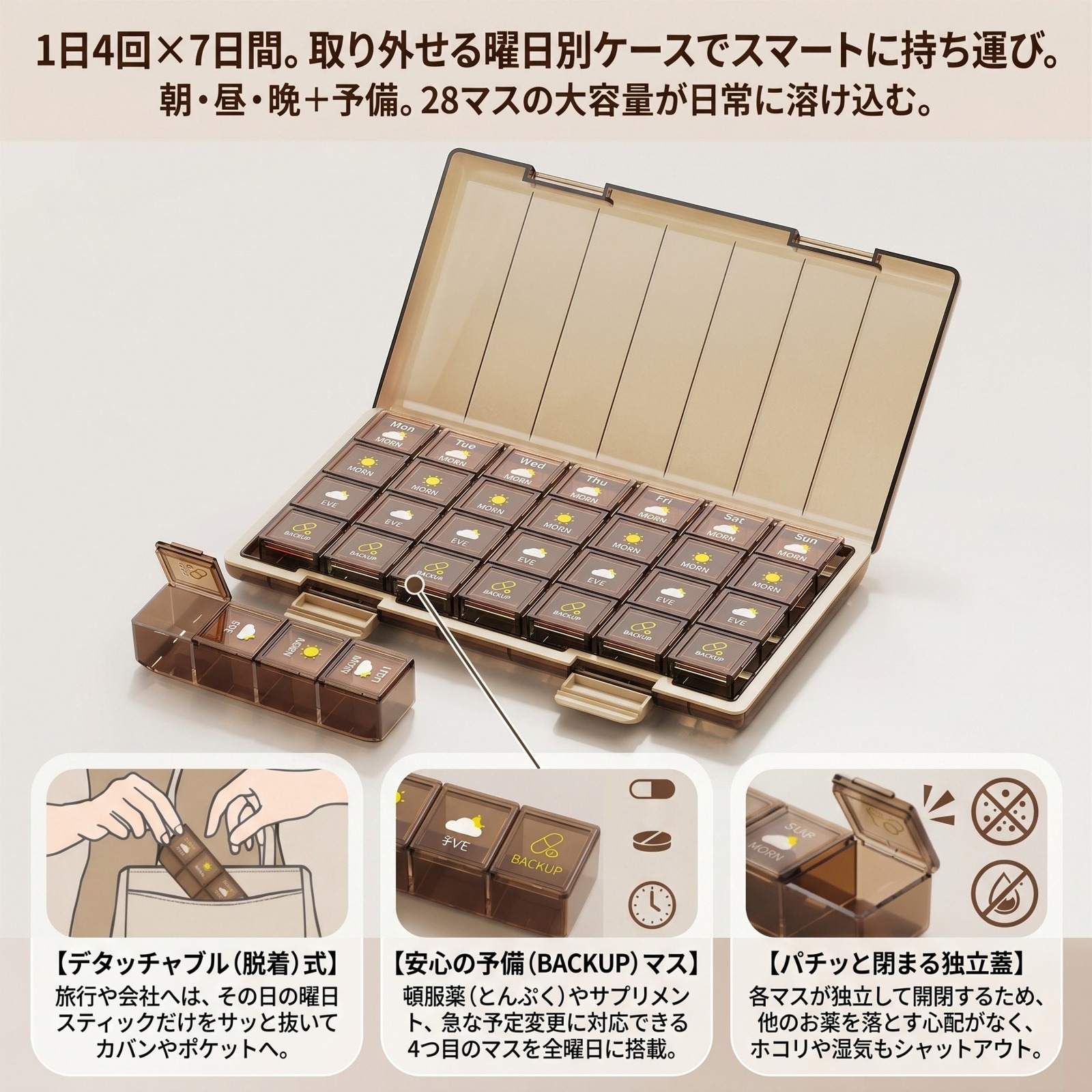 28ポケットのメガピルケース 1週間分管理 大容量 曜日別 脱着式 朝昼晩