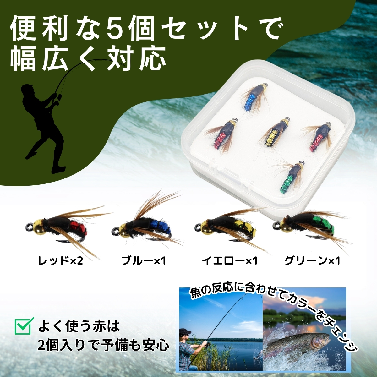 ビーズヘッドフライ 【5個セット #8】ケース付き 完成フライ 毛鉤
